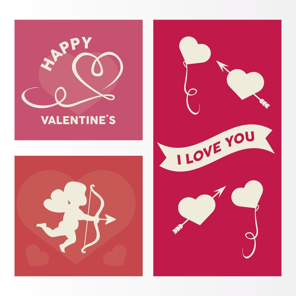 Feliz día de San Valentín tarjeta de letras con corazones y cupido ángel establecer iconos vector