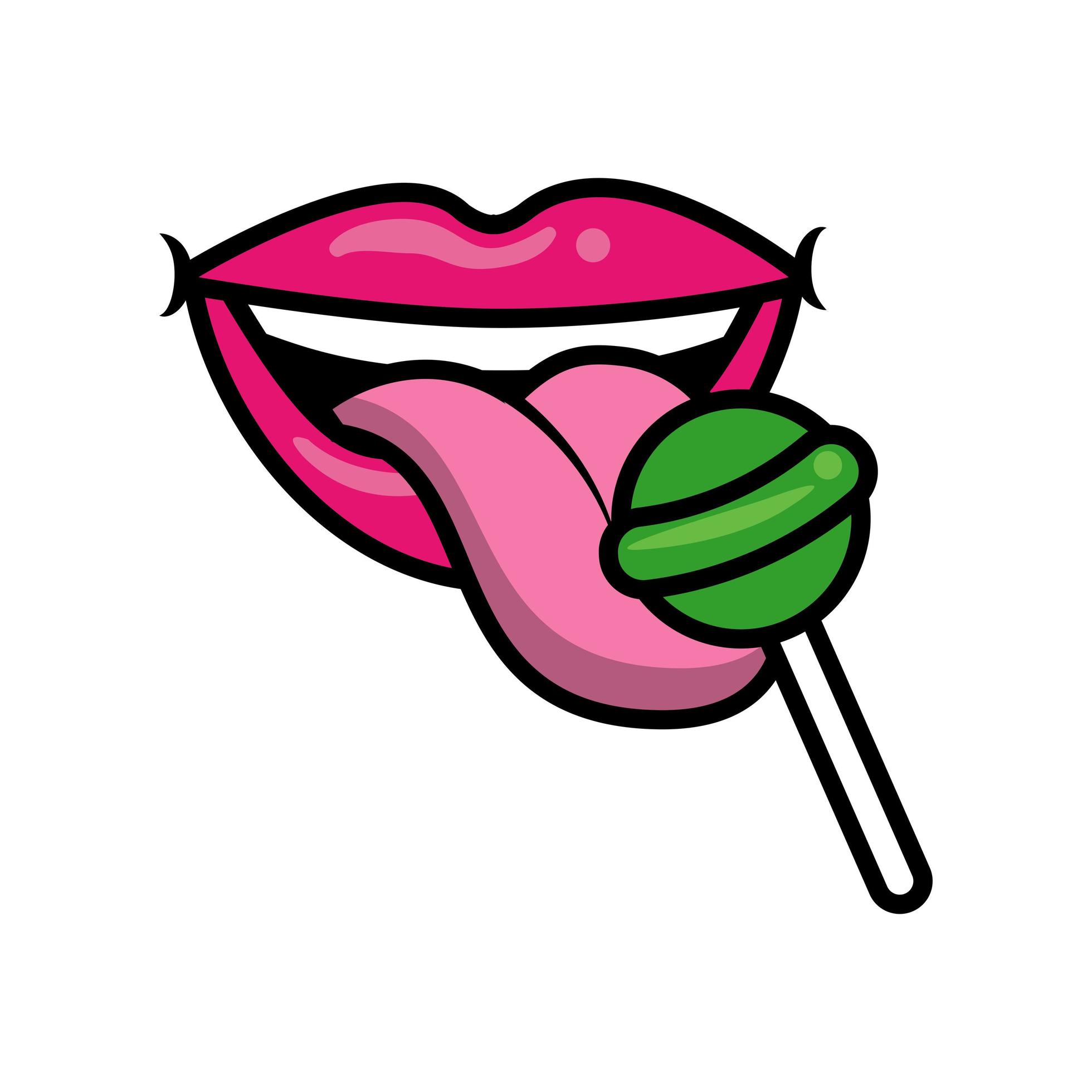 Pop art mouth licking sweet candy green lollipop fill style icon