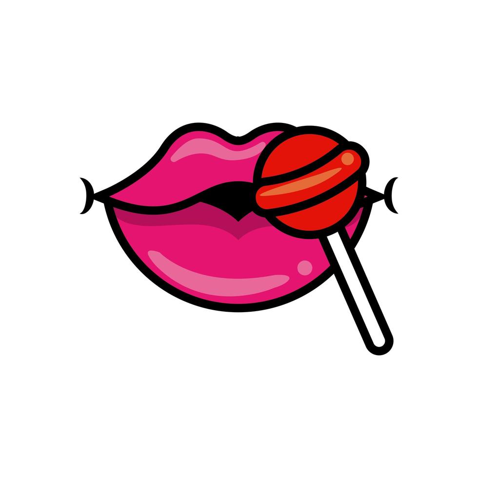 Pop art mouth with sweet candy red lollipop fill style vector