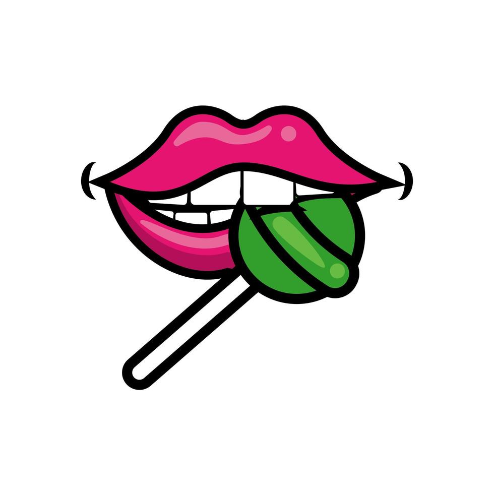 Pop art mouth biting sweet candy green lollipop fill style icon vector