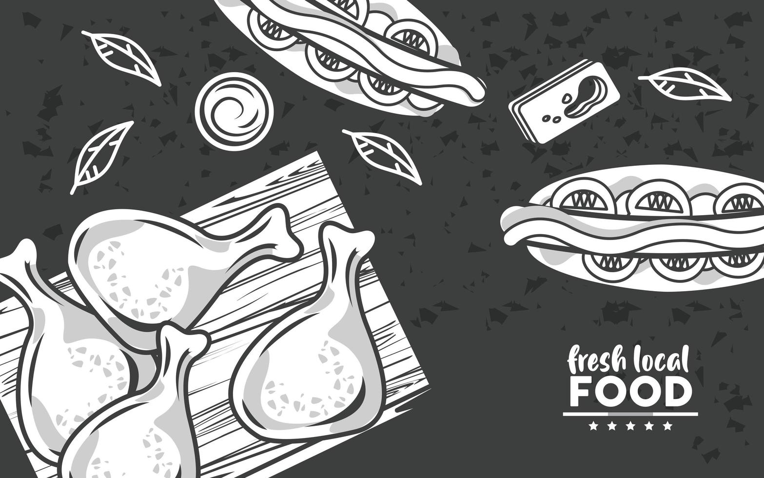 fresh local food lettering drawing in black color background vector