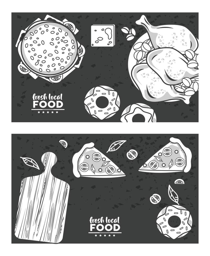 Letras de alimentos locales frescos dibujados en fondos negros vector