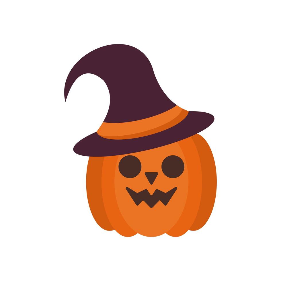 halloween pumpkin face with witch hat flat style icon vector