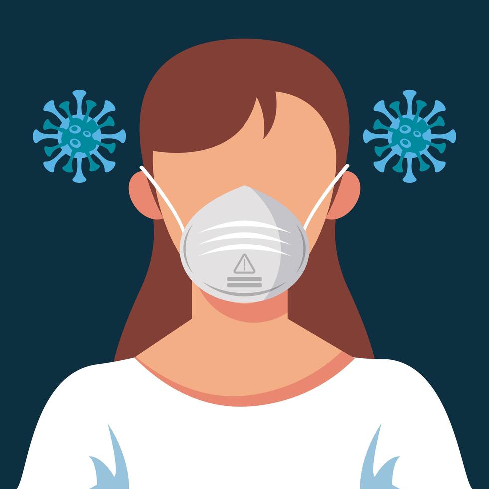 young woman wearing medical mask with covid19 particles vector
