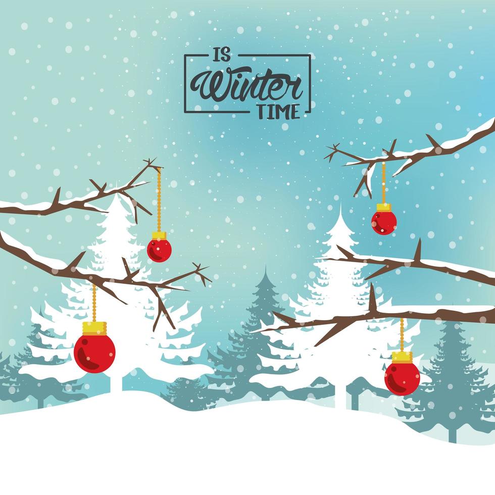 winter poster with forest scene and balls hanging vector