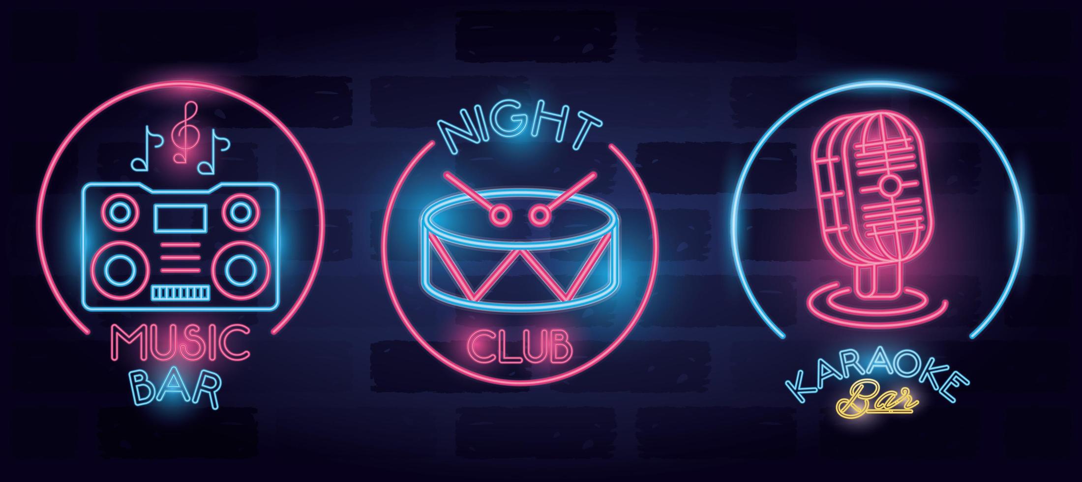 bundle of bar labels neon lights vector