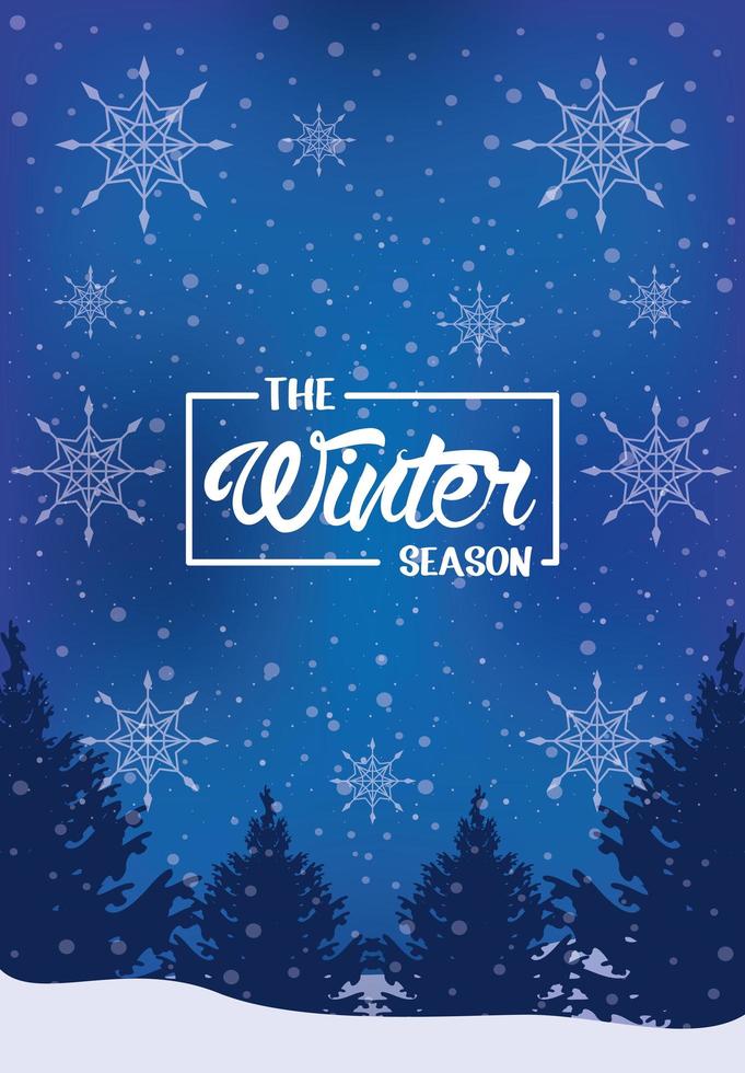blue winter poster with snowflakes and forest scene vector