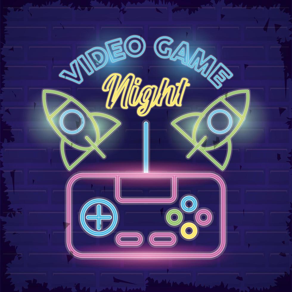 neón de videojuego retro con control y cohetes vector