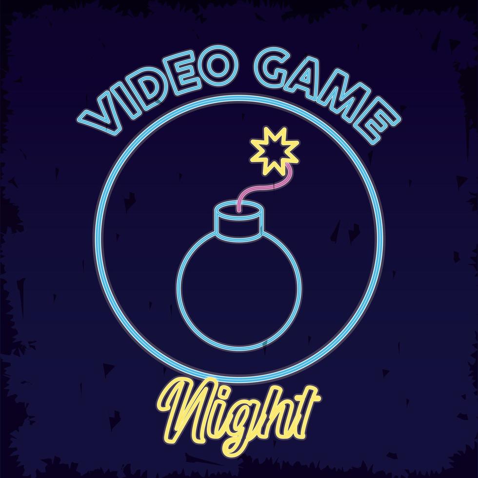 neón de videojuego retro con bomba vector