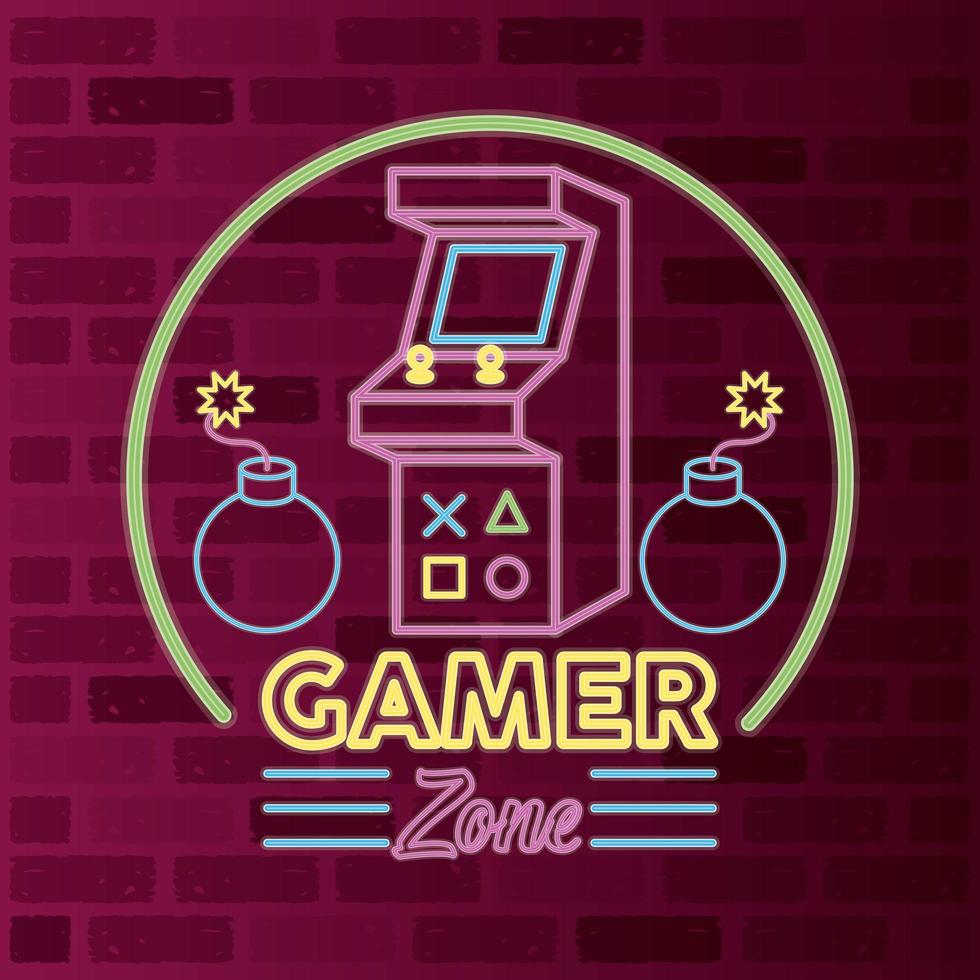 retro video game neon with machine and bombs vector