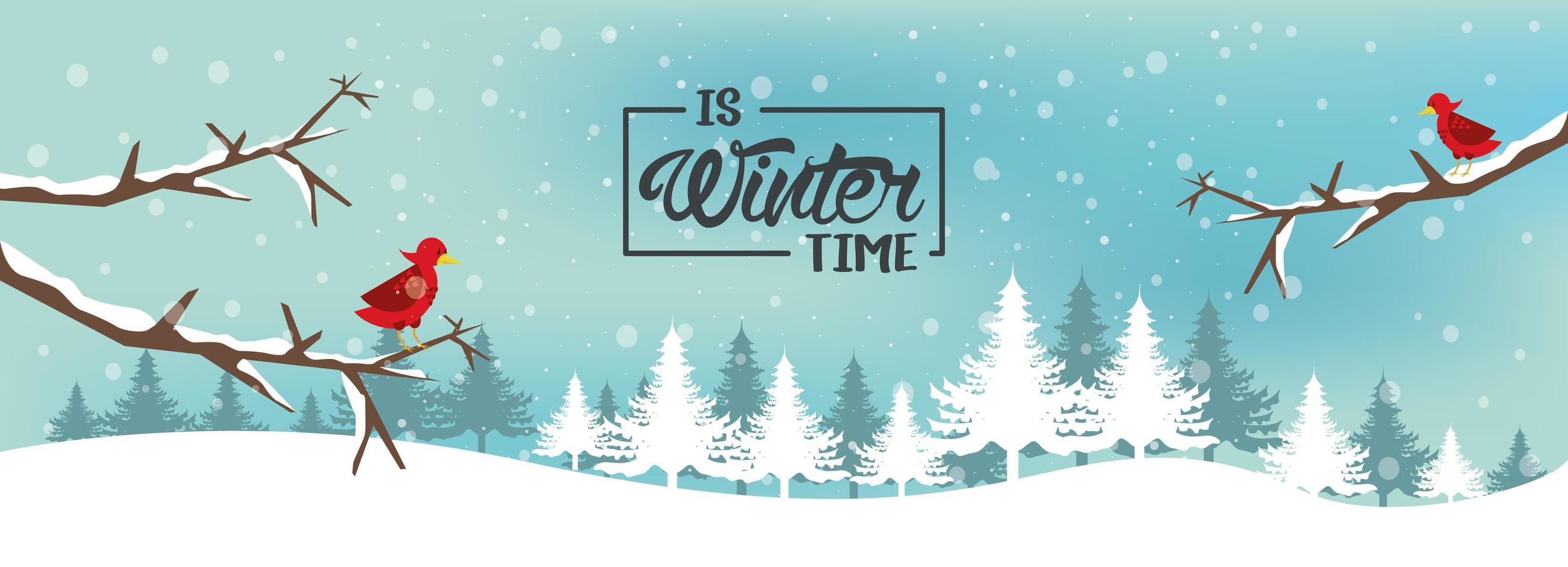 winter poster with snowflakes and forest scene vector
