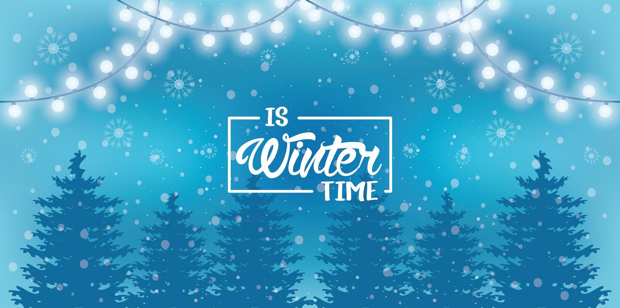 blue winter poster with snowflakes and forest scene vector