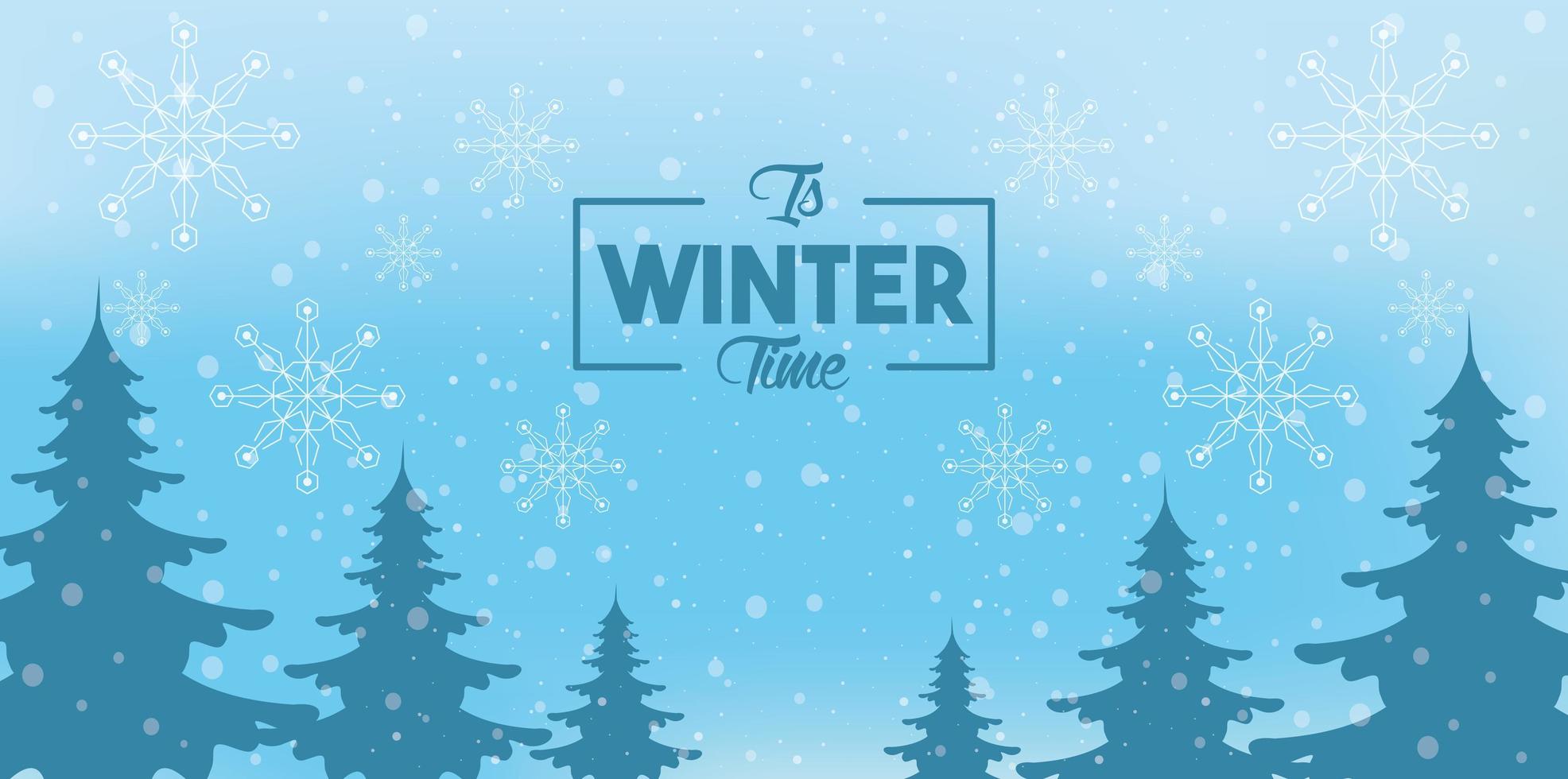 blue winter poster with snowflakes and forest scene vector