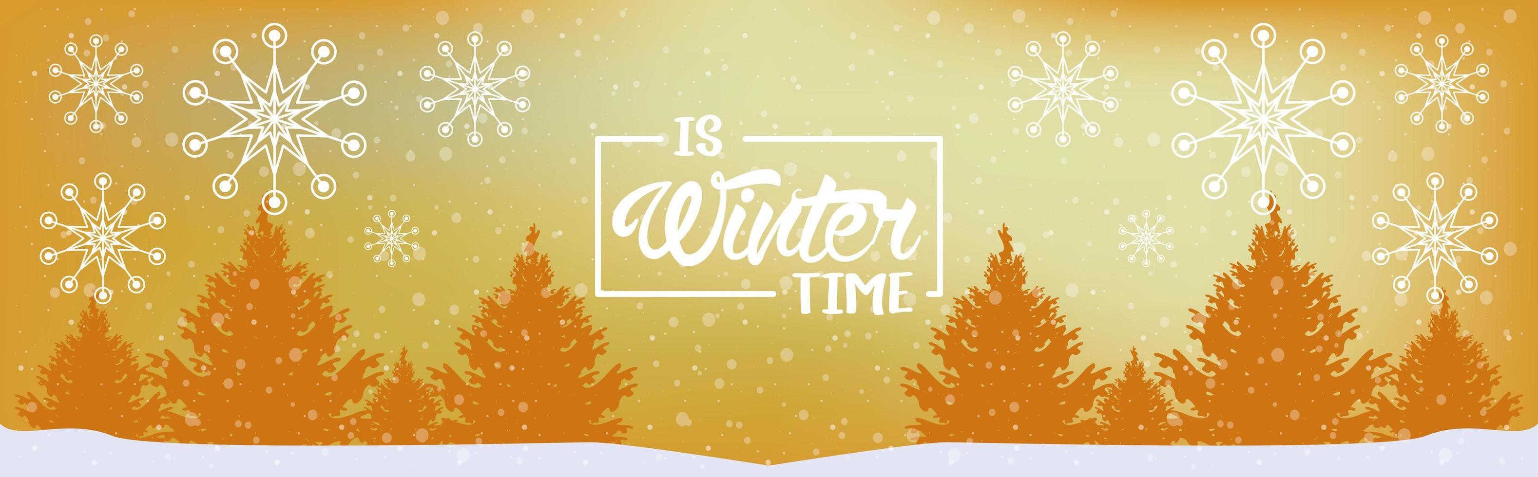 golden winter poster with snowflakes and forest scene vector