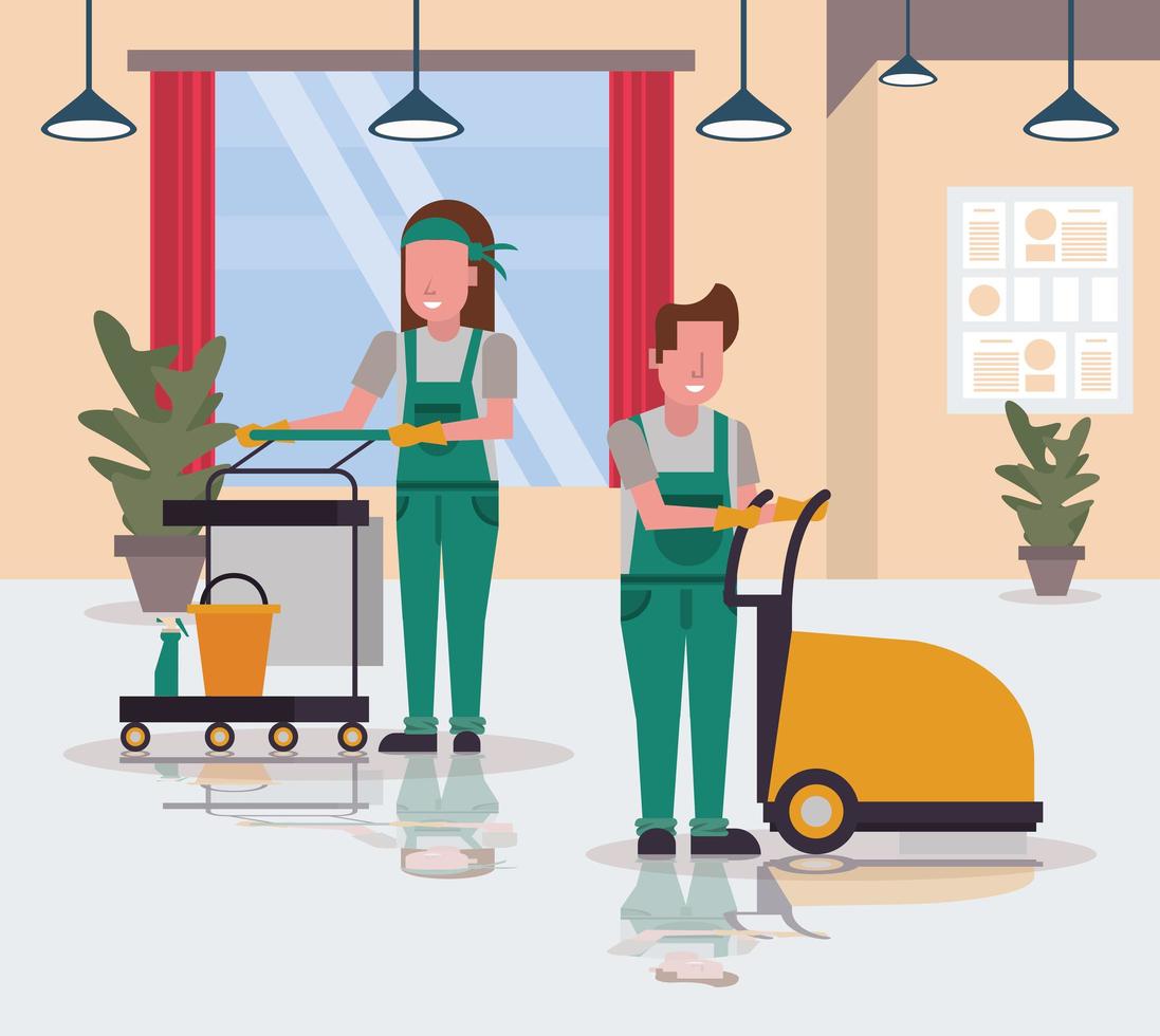 couple workers in housekepping with shining vector