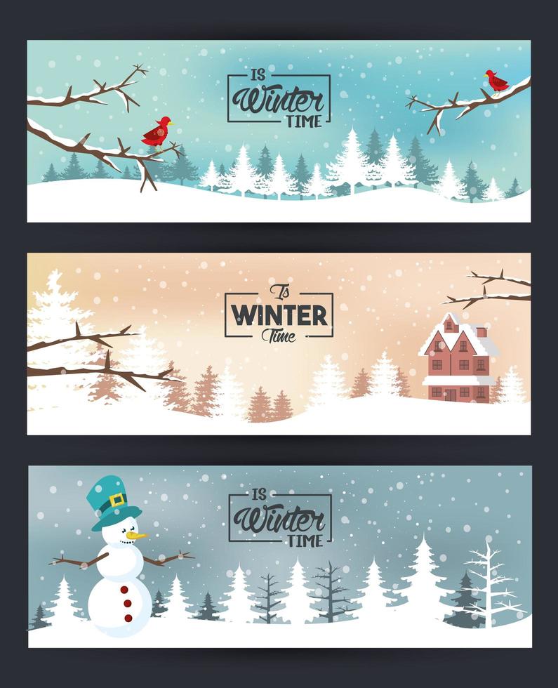 set of winter time poster scenes vector