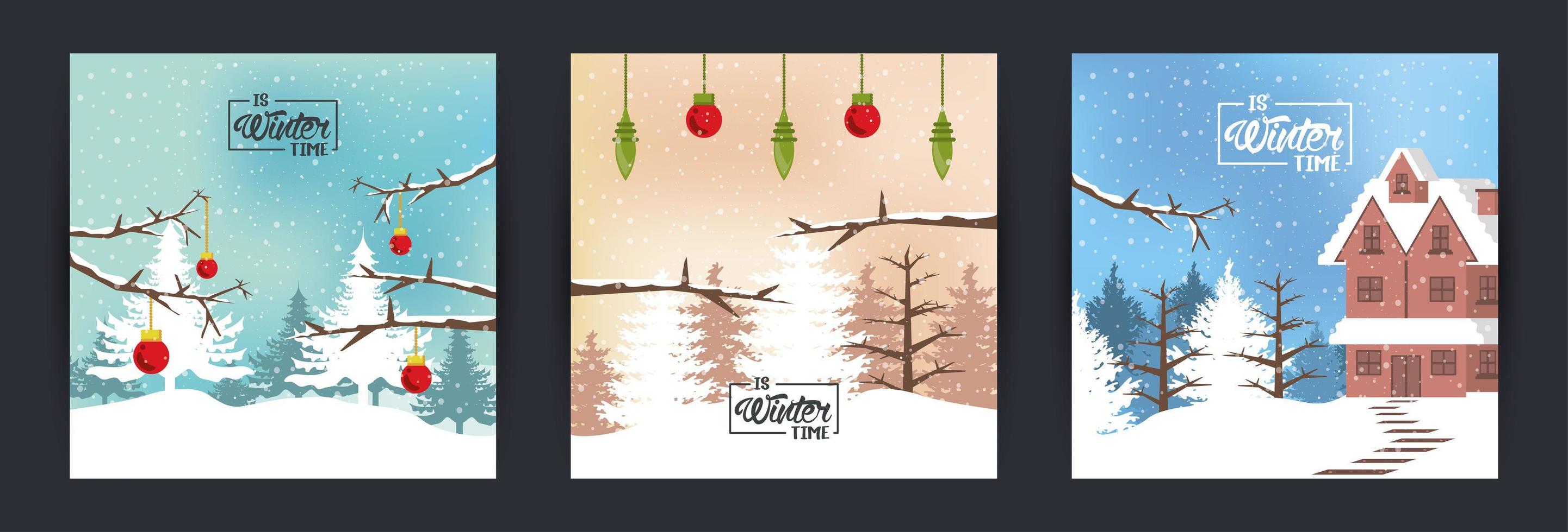 set of winter time poster scenes vector