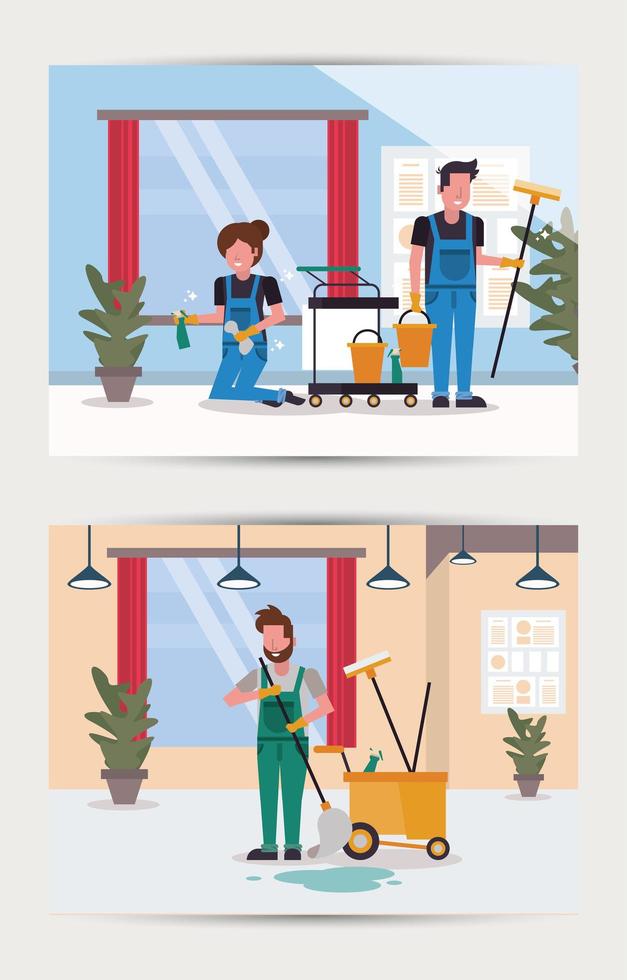 couple workers housekepping with equipment vector