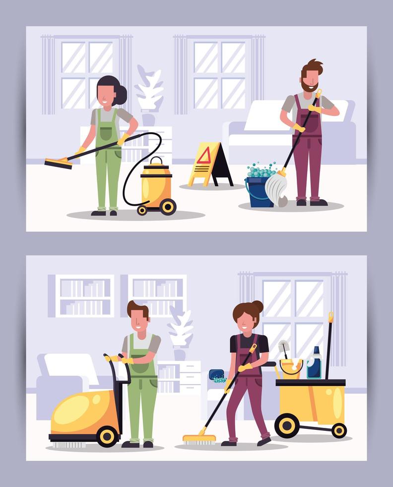 team of workers housekepping with equipment vector