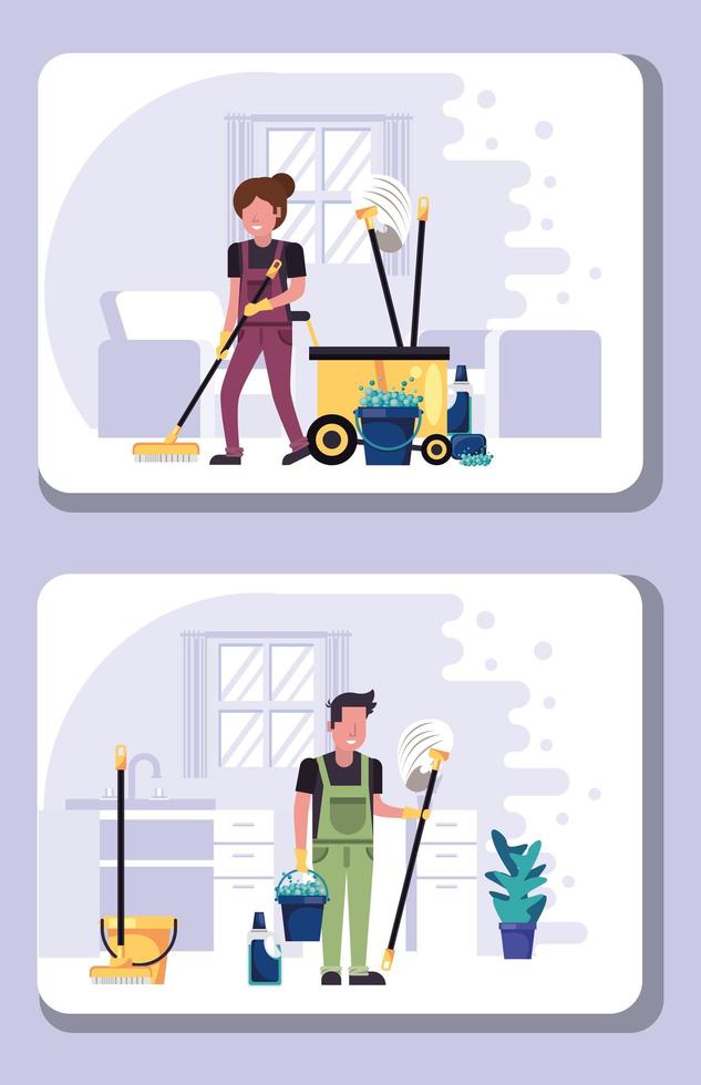 couple workers in housekepping with equipment vector