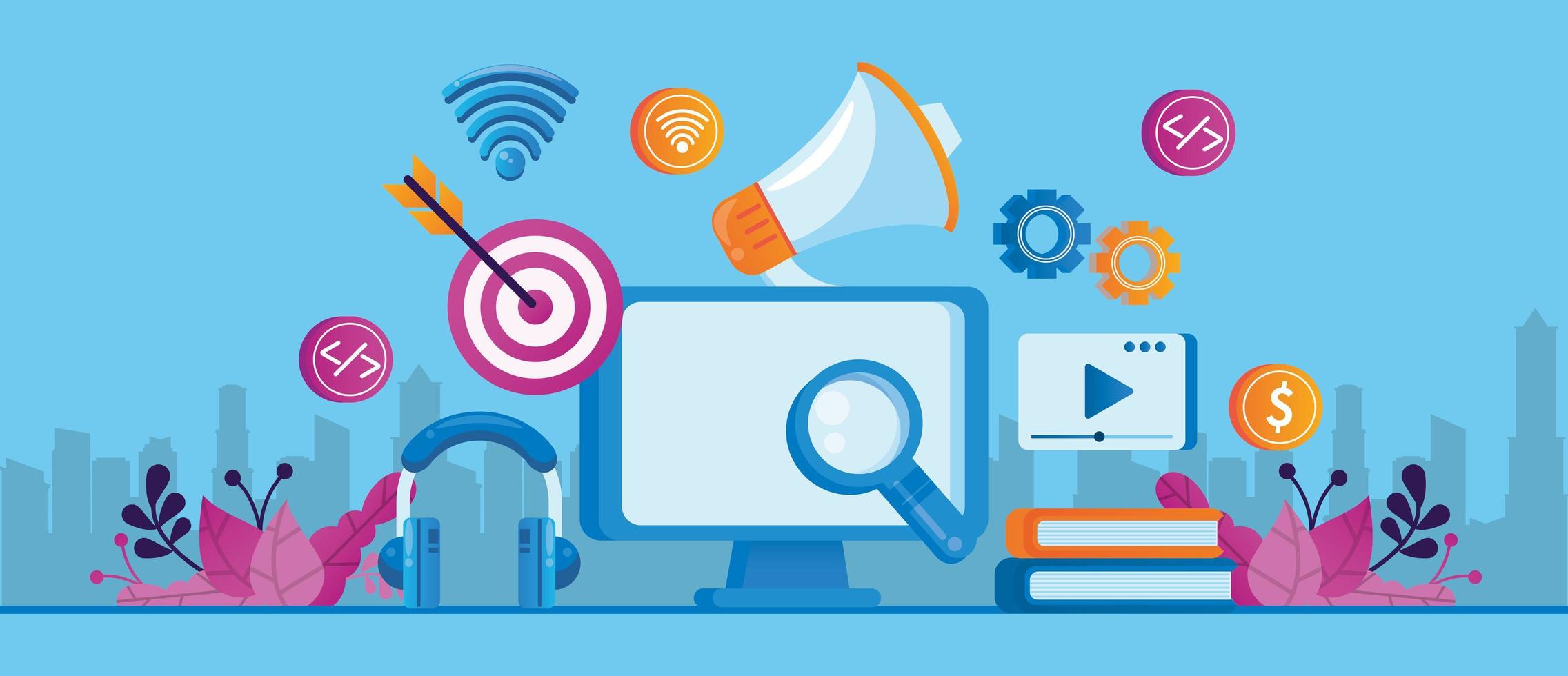 desktop with social media marketing icons vector