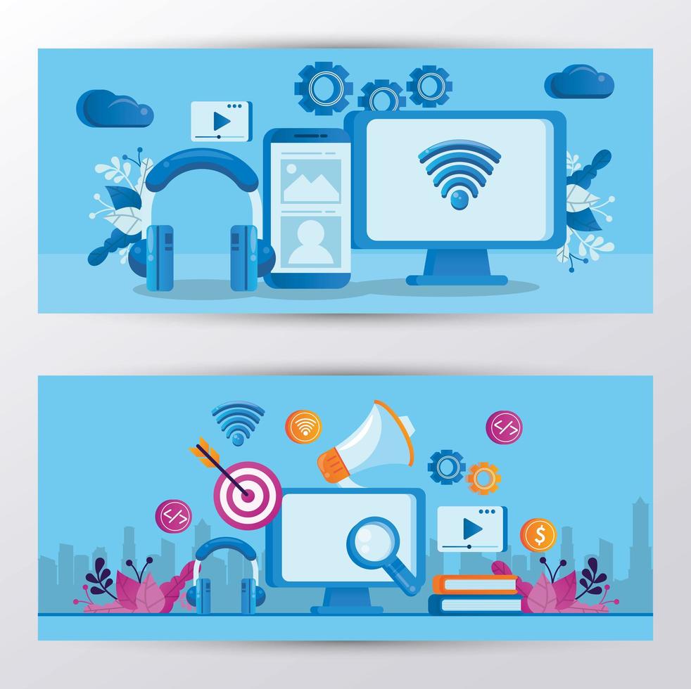 paquete de gadgets con iconos de marketing en redes sociales vector