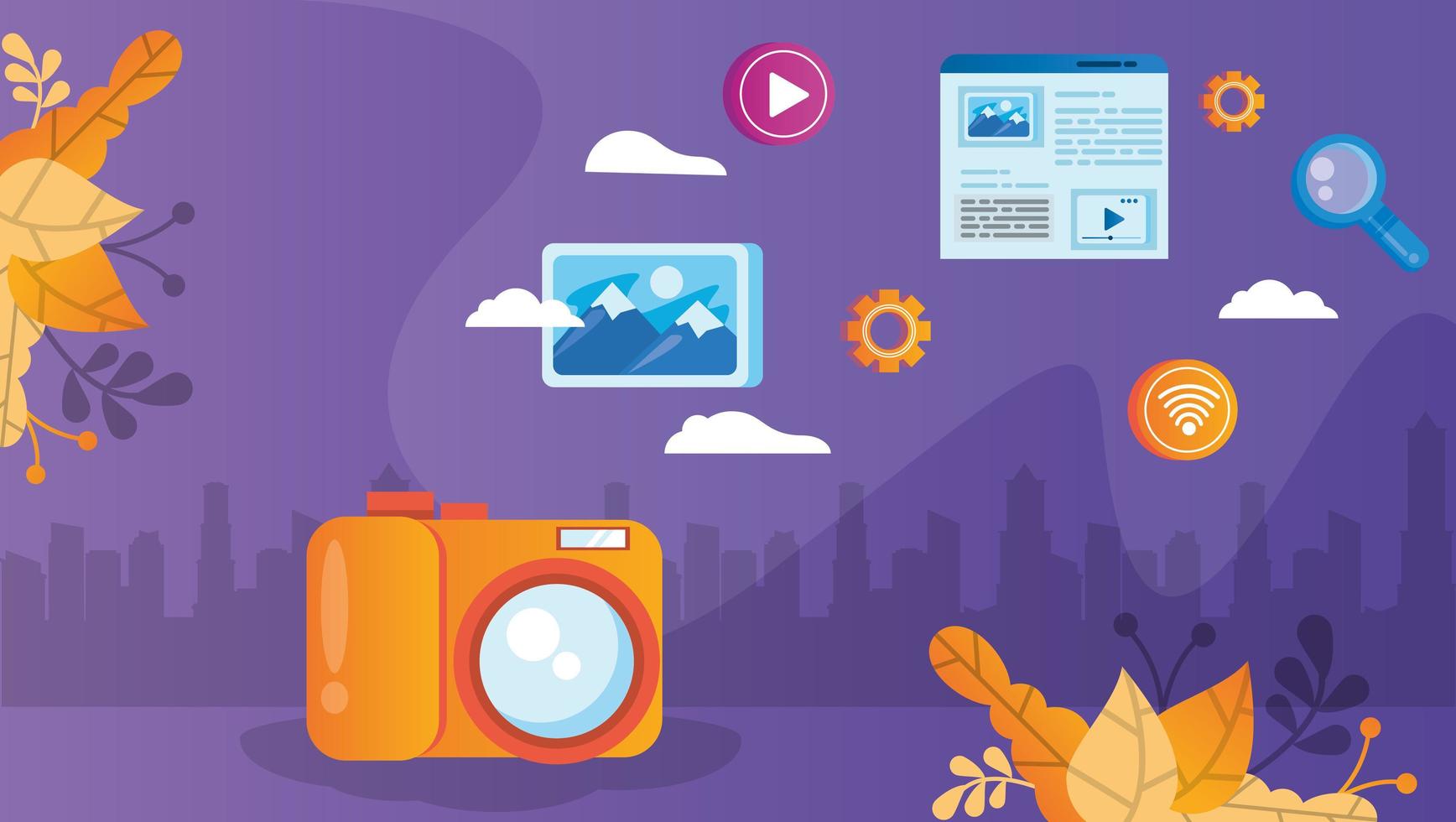 camera photographic with social media marketing icons vector