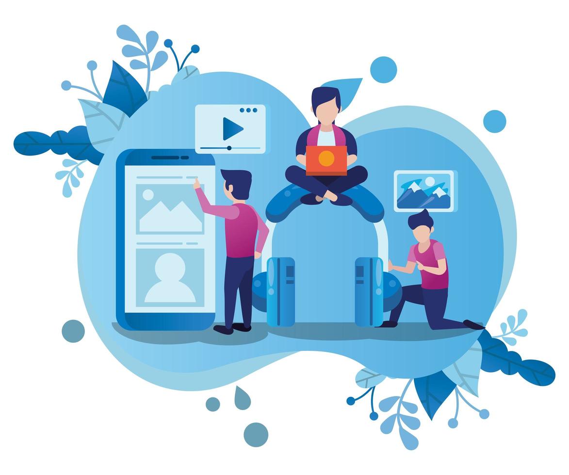 smartphone and users with social media marketing icons vector