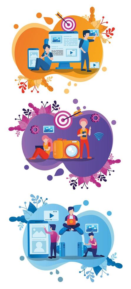 electronic devices and users with social media marketing icons vector