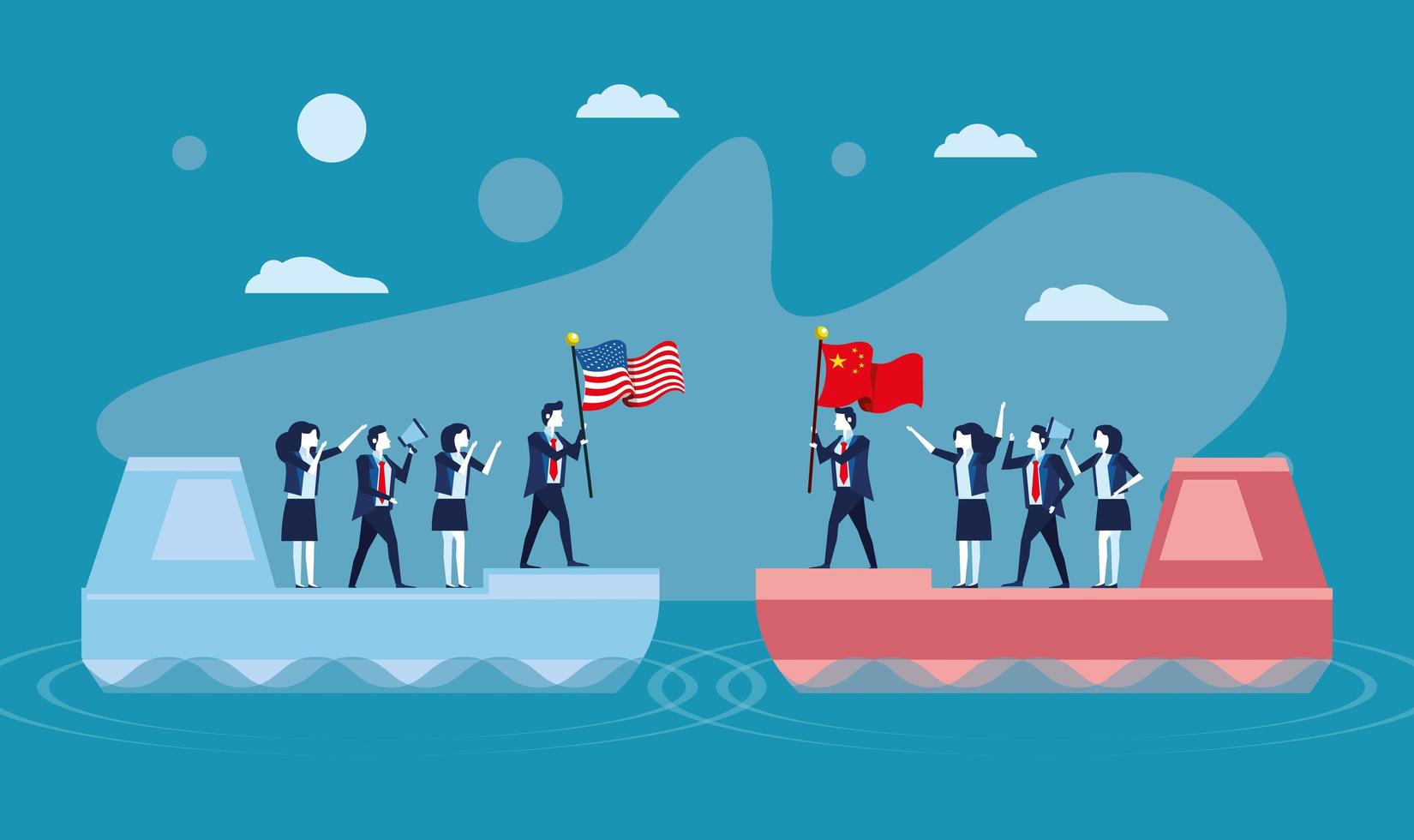 merchant ships with business people and usa and china flags vector