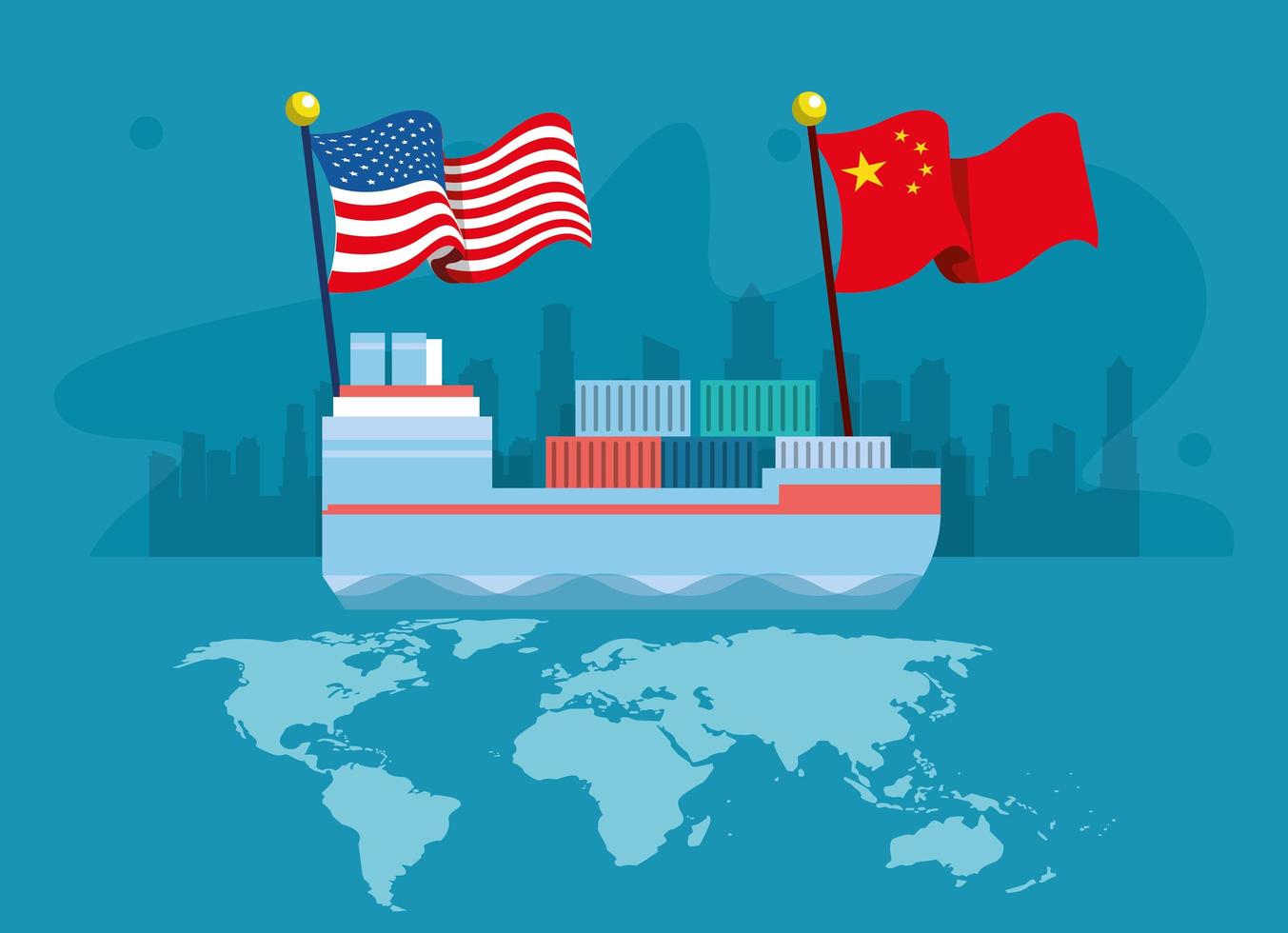 merchant ship with flags China and united states of america vector