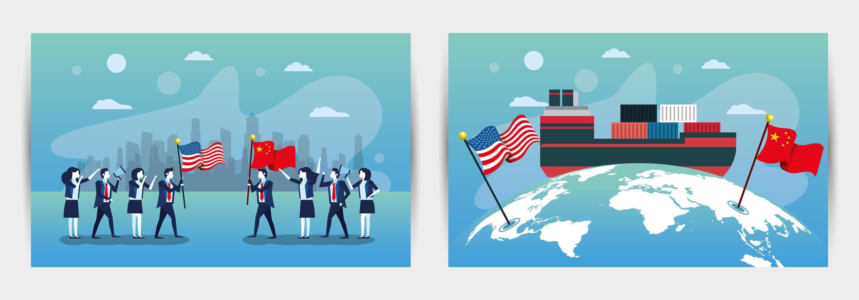 paquete de gente de negocios con banderas de estados unidos y china vector