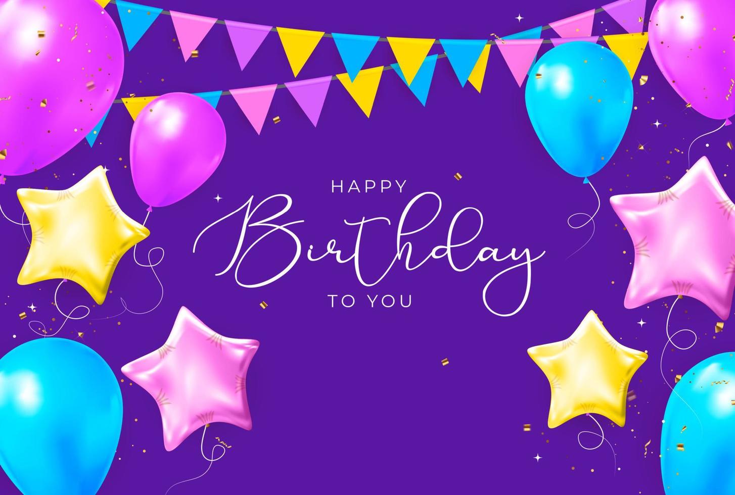 Happy Birthday congratulations banner design with Confetti, Balloons and Glossy Glitter Ribbon for Party Holiday Background. Vector Illustration