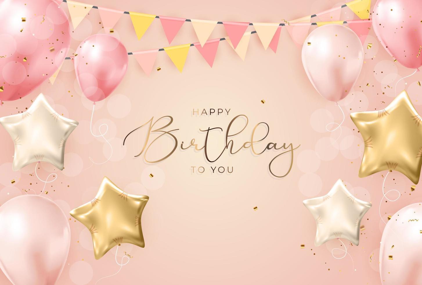 Happy Birthday congratulations banner design with Confetti, Balloons and Glossy Glitter Ribbon for Party Holiday Background. Vector Illustration