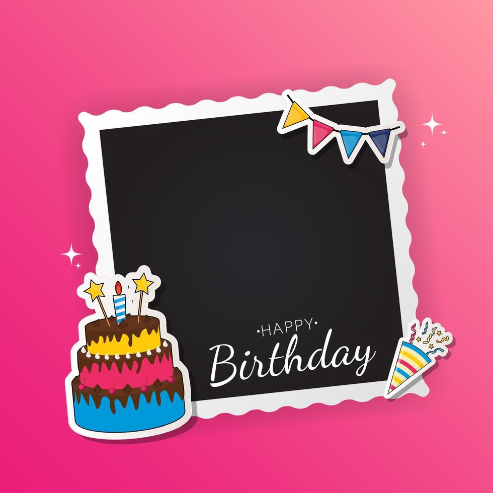 Happy Birthday congratulations banner design with Confetti, Balloons and Glossy Glitter Ribbon for Party Holiday Background. Vector Illustration