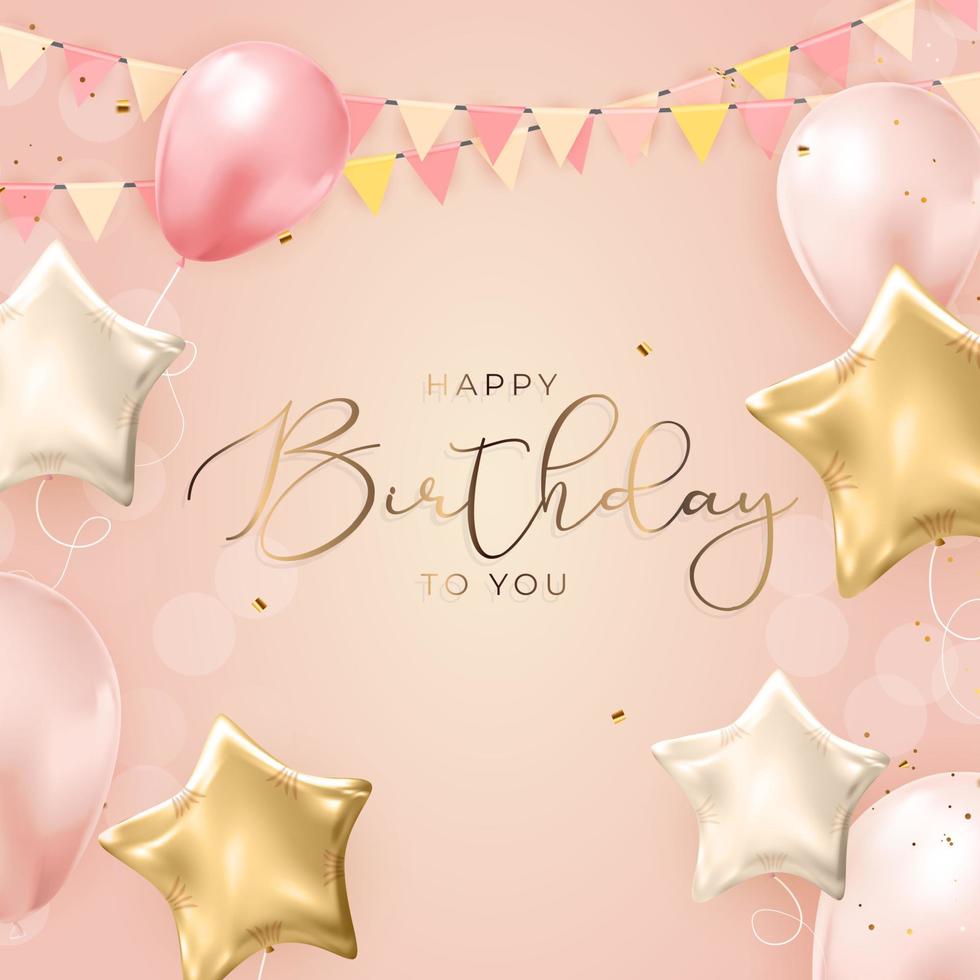 Happy Birthday congratulations banner design with Confetti, Balloons and Glossy Glitter Ribbon for Party Holiday Background. Vector Illustration