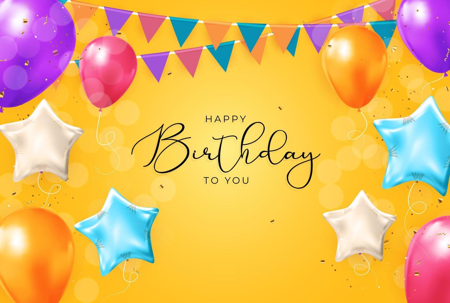 Happy Birthday congratulations banner design with Confetti, Balloons and Glossy Glitter Ribbon for Party Holiday Background. Vector Illustration