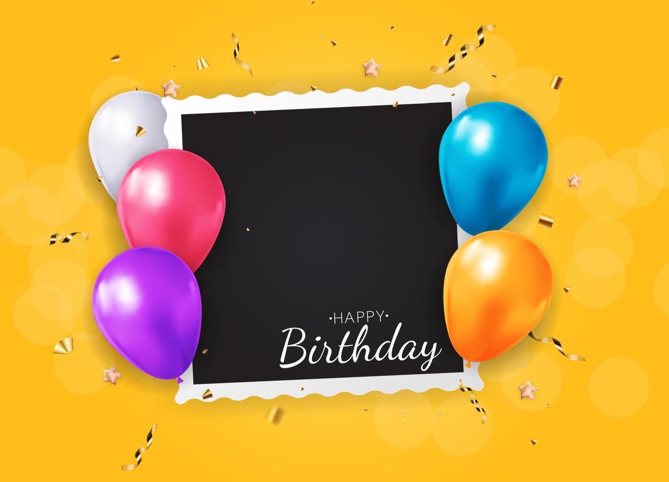 Happy Birthday congratulations banner design with Confetti, Balloons and Glossy Glitter Ribbon for Party Holiday Background. Vector Illustration