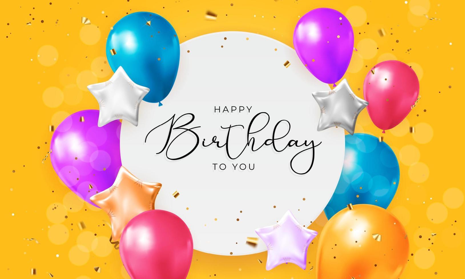 Diseño de banner de felicitaciones de feliz cumpleaños con confeti, globos y cinta de brillo brillante para el fondo de vacaciones. ilustración vectorial vector