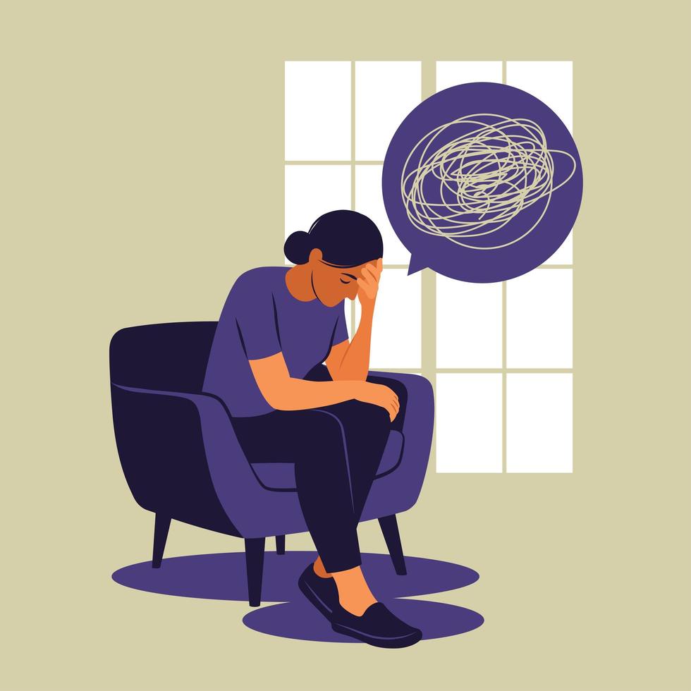 mujer en depresión con pensamientos desconcertados en su mente. niña triste sentada en el sillón. ilustración vectorial. estilo plano vector
