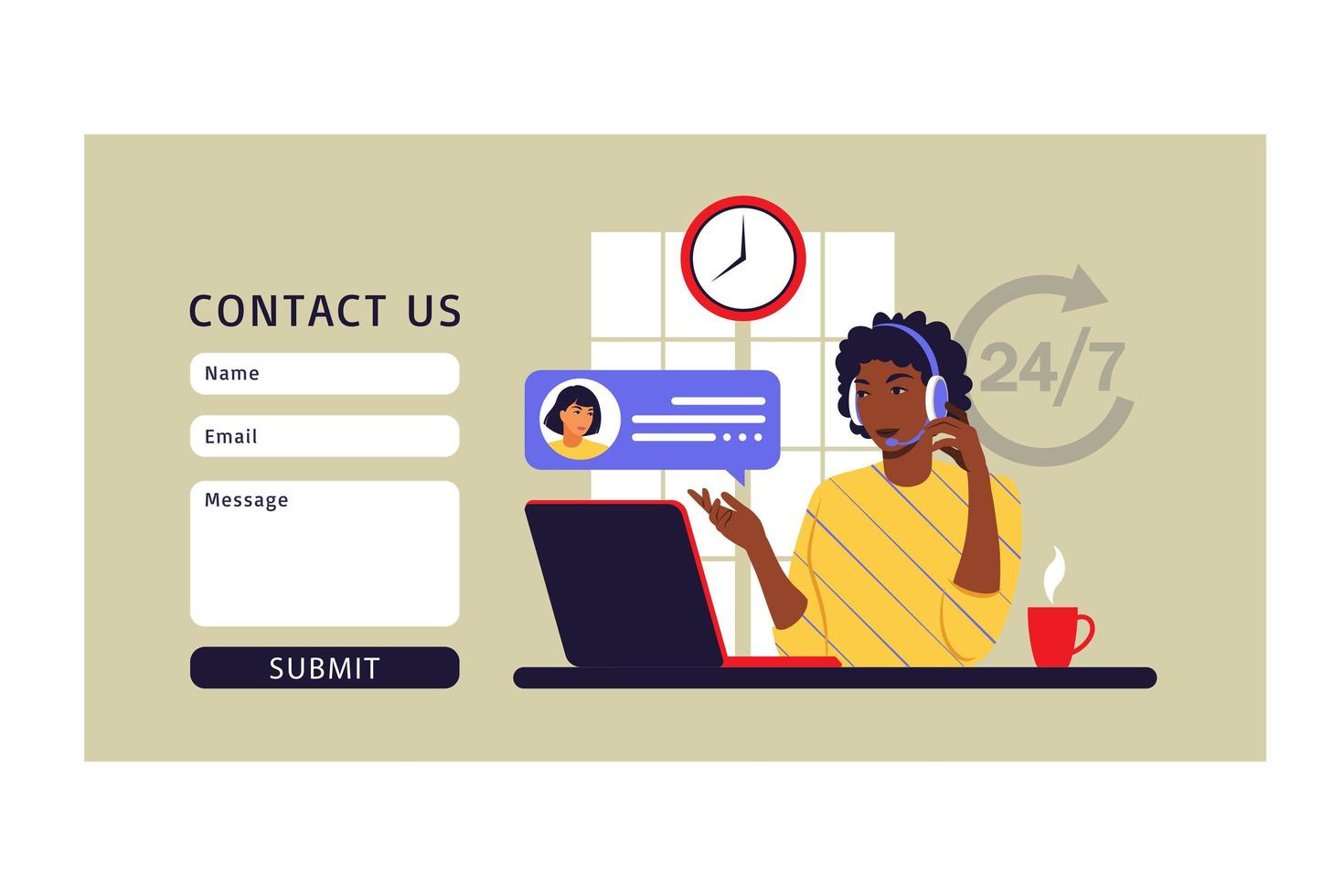 Customer service concept. Contact us. African woman with headphones and microphone with laptop. Vector illustration. Flat