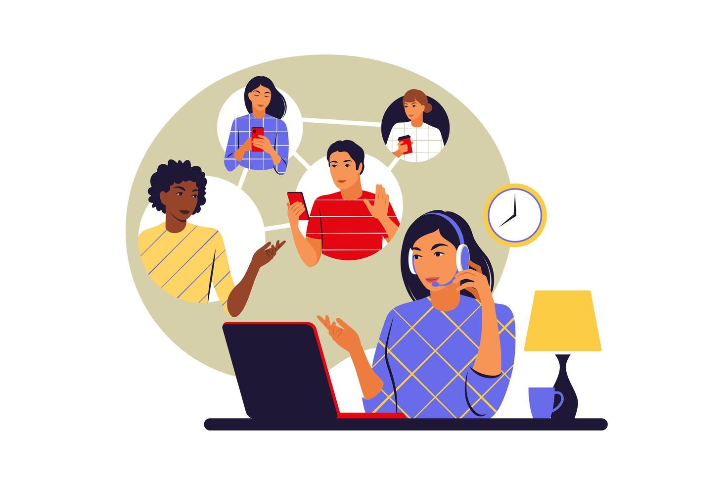 concepto de chat. mujer charlando con amigos en línea. redes sociales, chat, video, noticias, mensajes, búsqueda de amigos. ilustración vectorial. plano. vector