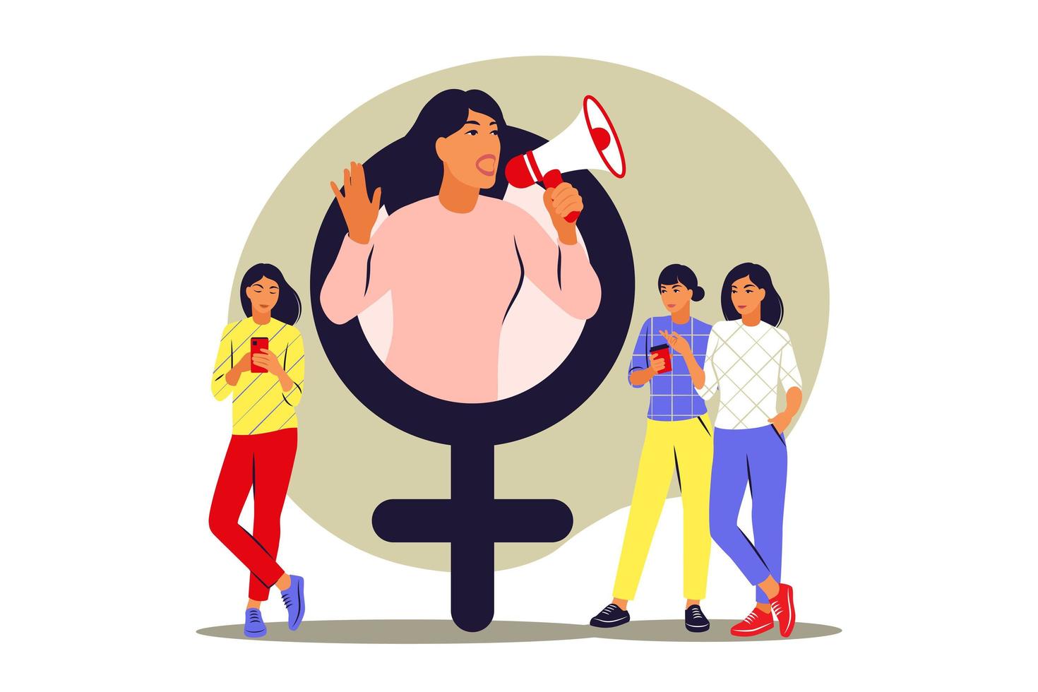 Feminism concept. Girl power and feminist movement. Woman with megaphone. Vector illustration. Flat.