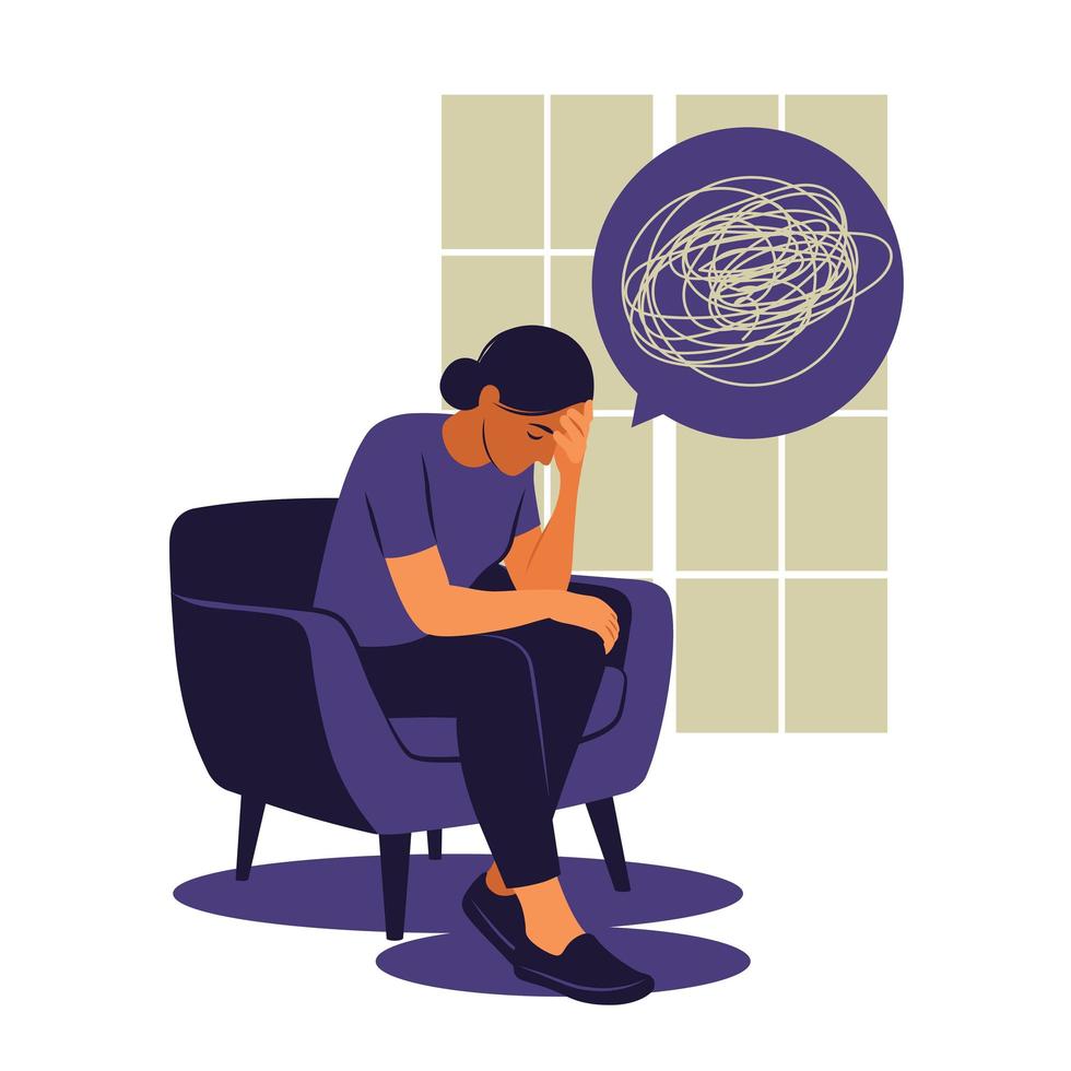 Depressed sad woman thinking over problems. Bankruptcy, loss, crisis, trouble concept. Vector illustration. Flat style