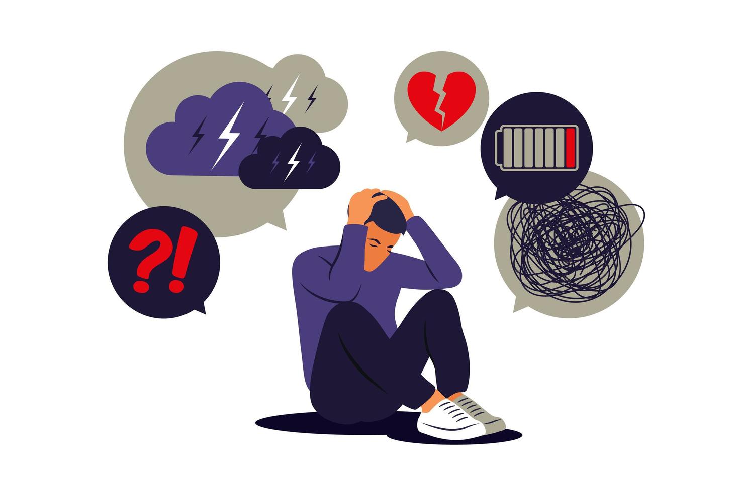 Depressed sad man thinking over problems. Bankruptcy, loss, crisis, burnout syndrome, relationship trouble concept. Vector illustration. Flat.