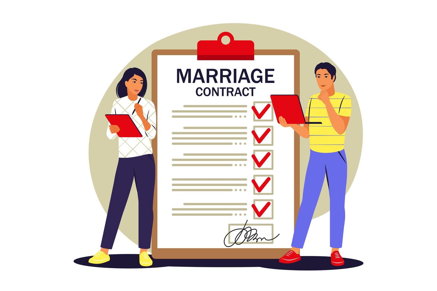 Couple getting married and signing marriage contract. Vector illustration. Flat.