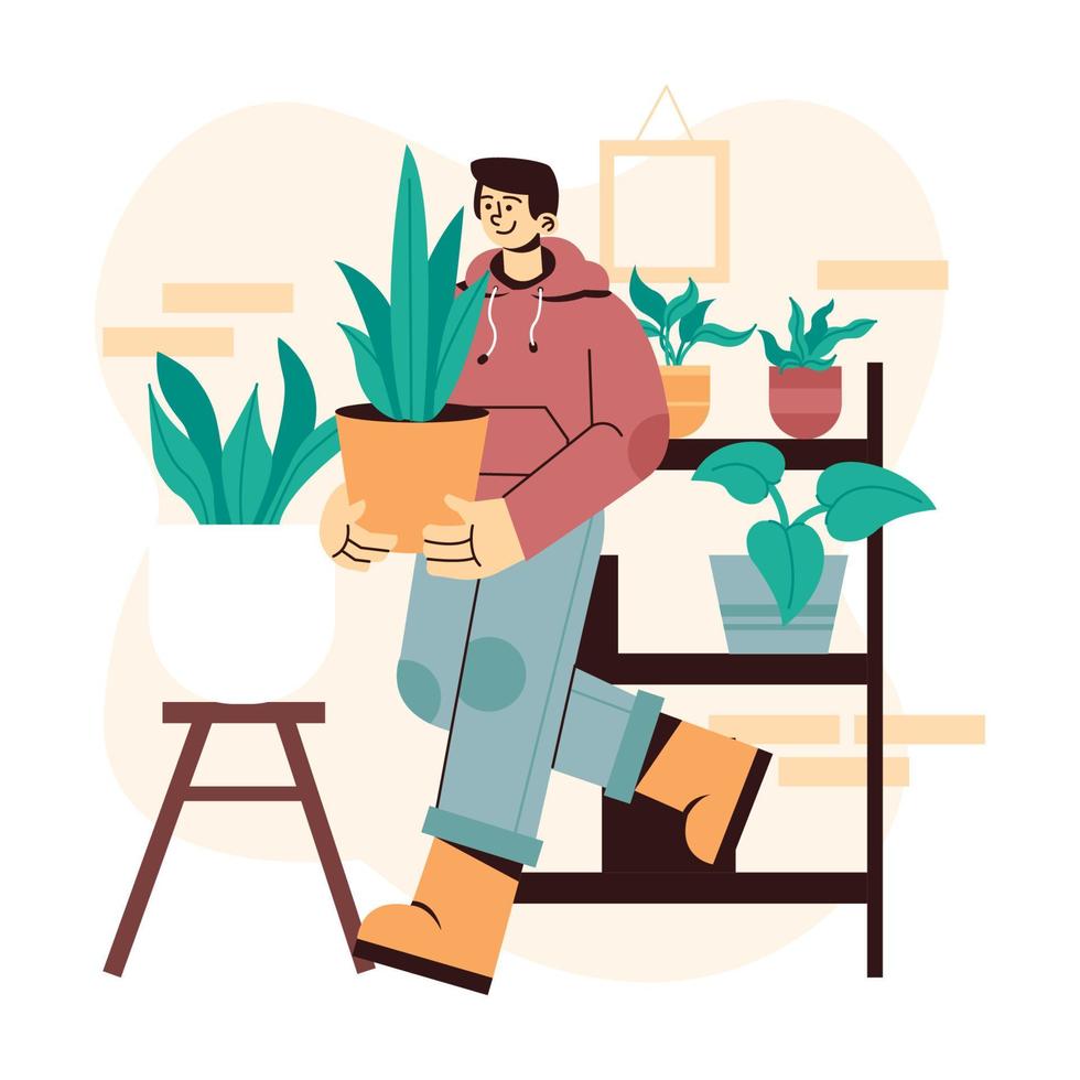 Ilustración plana de un hombre cuidando plantas ornamentales. vector