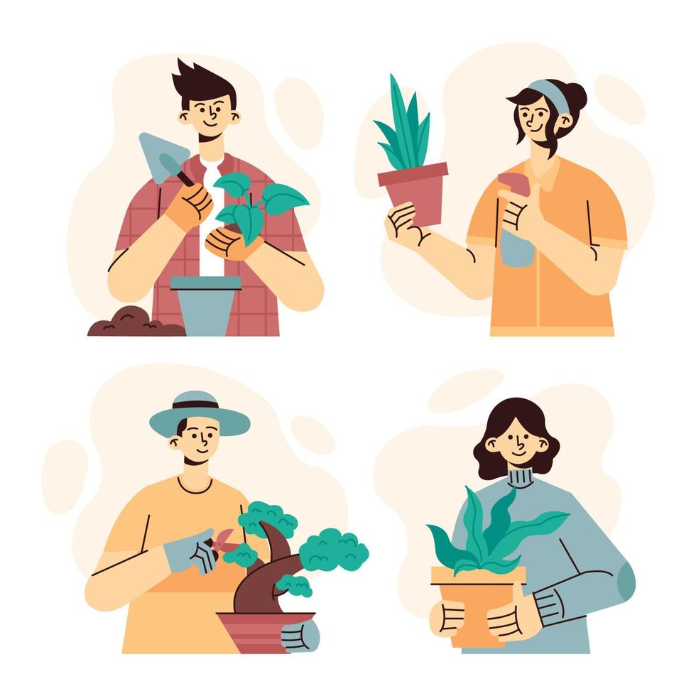 Flat illustration  set of people taking care of houseplant vector