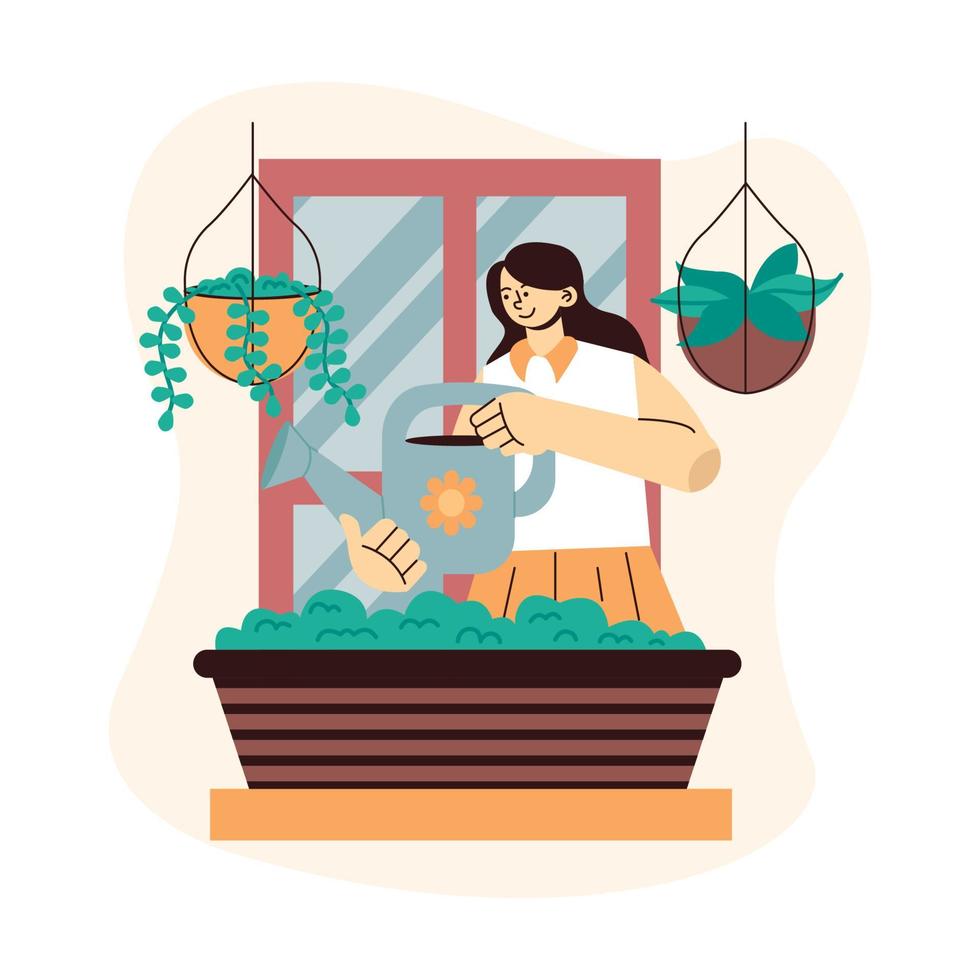 Flat illustation of a girl watering and taking care for ornamental plants on the balcony vector