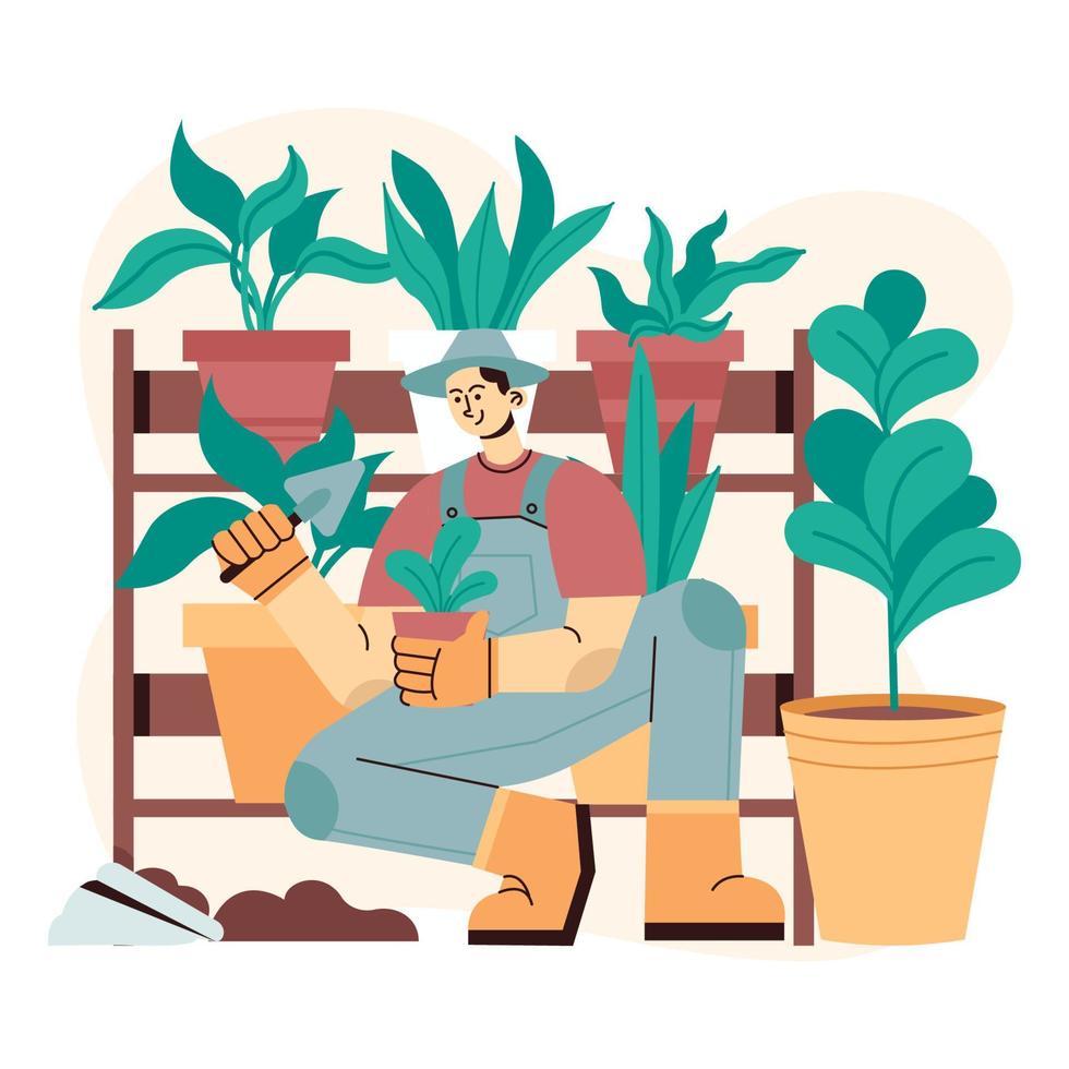 Flat illustration a man grows and taking care houseplants vector